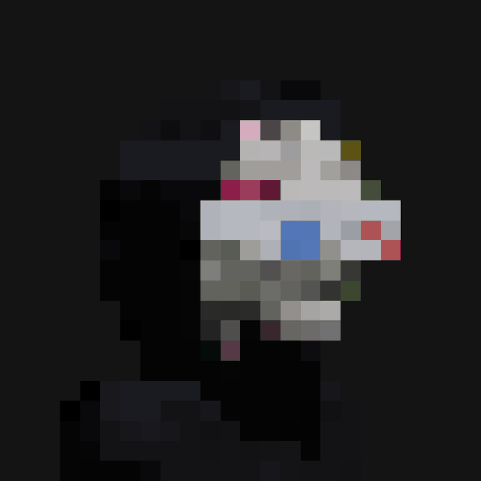 A pixelated image on a black background depicts what appears to be a small character or creature in shades of gray, white, and blue.