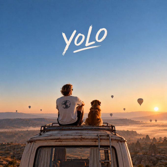 A young man and his dog sit atop a vintage van roof, watching hot air balloons drift over a misty Cappadocia-like valley at sunrise, with the word "YoLO" hand-painted in white across the clear blue sky—embodying the "You Only Live Once" spirit behind the "GM $YOLO" post, which blends good-morning optimism with the meme-stock rallying cry.