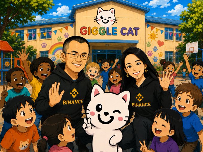Two smiling adults wearing "BINANCE" branded hoodies pose with a white cartoon cat mascot and a group of cheerful children in front of a colorful school building displaying a "GIGGLE CAT" sign, visually representing the post's message of supporting children's education through the Giggle Academy initiative. The image aligns with the tweet's emphasis on educational philanthropy and the collaboration between Binance leadership and the Giggle Cat/Academy project, reinforced by the hashtags $GICAT and #Binance.