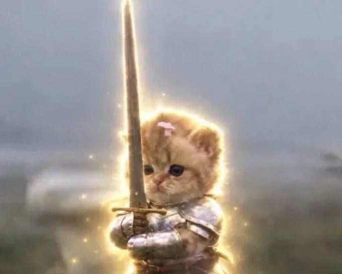 A humorous, edited image of a cute orange kitten dressed in knight's armor, holding a glowing sword while standing in a heroic pose with golden light surrounding it.