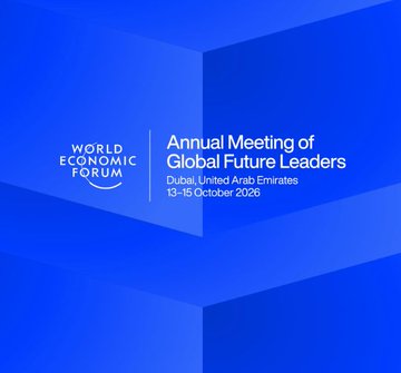 A blue graphic for the World Economic Forum's 'Annual Meeting of Global Future Leaders' scheduled for 13-15 October 2026 in Dubai, United Arab Emirates.
