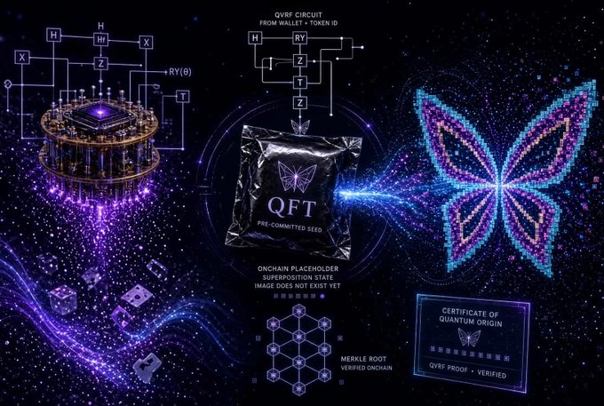 A promotional graphic for 'QFT' showing a quantum-themed butterfly design with elements labeled 'QVRF CIRCUIT FROM WALLET + TOKEN ID', 'ONCHAIN PLACEHOLDER SUPERPOSITION STATE', 'MERKLE ROOT VERIFIED ONCHAIN', and 'CERTIFICATE OF QUANTUM ORIGIN'.