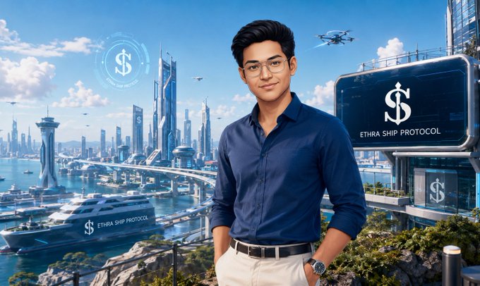 A man in a blue shirt stands before a futuristic coastal cityscape featuring the 'ETHRA SHIP PROTOCOL' branding on ships and billboards, with a drone overhead.