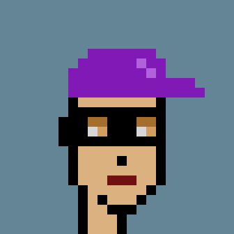 A pixel art character with orange eyes, a purple headband, and a small goatee against a blue background.