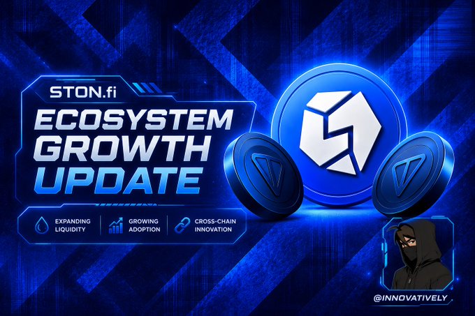 The image features a blue background with white text that reads "STON fi ecosystem growth update" at the top of the screen. Below this, there are two coins displayed, one larger than the other, both adorned with a white hexagon design on their faces. The coins appear to be made from metal and have a shiny appearance. In the bottom right corner of the image, there is an illustration of a person wearing a hoodie and sunglasses.