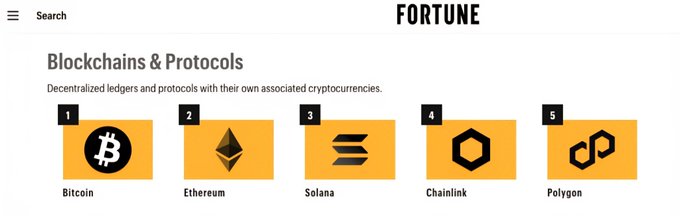 The image features a webpage from Fortune Magazine that showcases a chart of five different cryptocurrencies, including Bitcoin and Ethereum. The chart provides information about each cryptocurrency's performance and rank within its ecosystem. 

There are several blocks represented by squares on the website, with one square positioned above the Bitcoin logo. This arrangement further highlights Bitcoin as the main focus on the webpage.