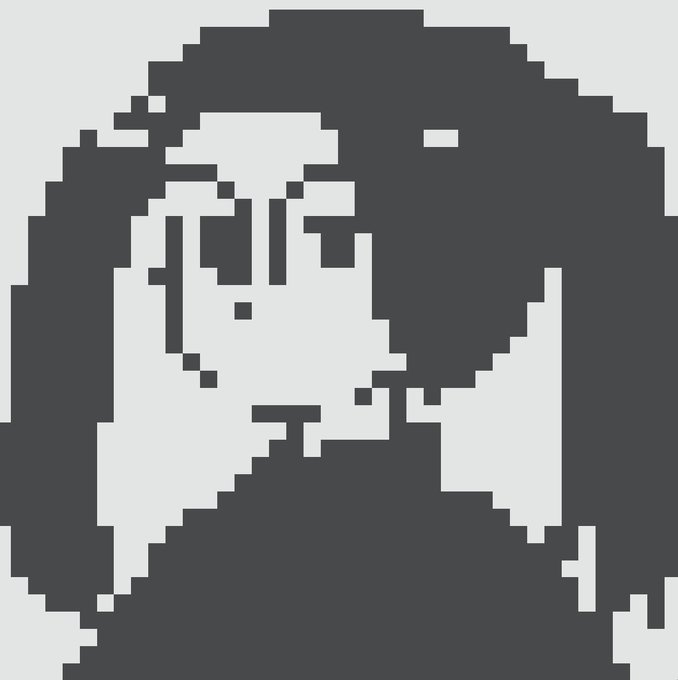 A low-resolution pixel art style image depicting a dark-haired figure with a pale face in shades of dark gray and white.