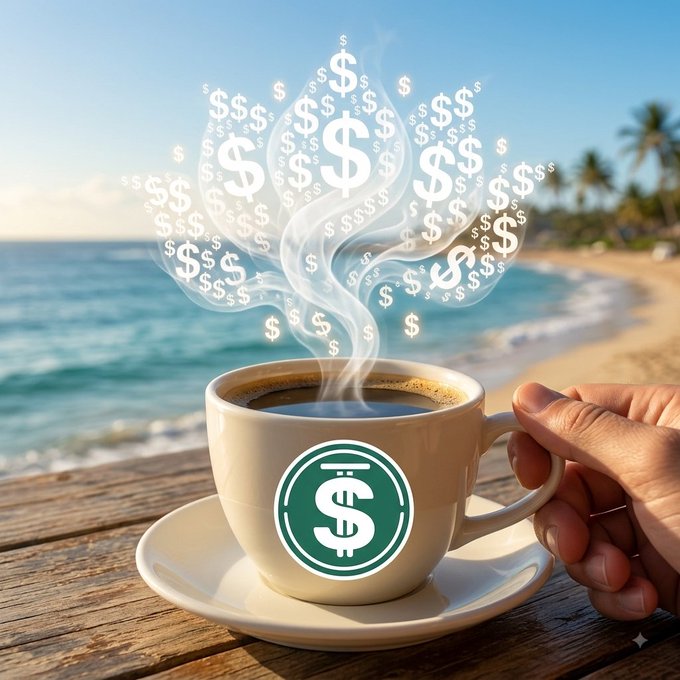 A surreal scene showing a coffee cup with a green dollar sign logo, with steam shaped like dollar signs rising from it, set on a wooden table overlooking a tropical beach.