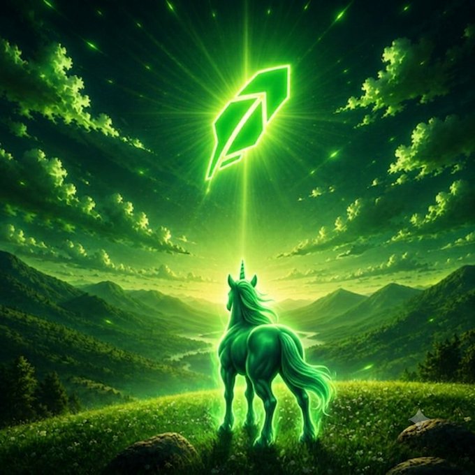A digital fantasy illustration showing a green unicorn standing on a grassy hillside overlooking a misty valley, with a glowing green geometric emblem radiating light in the sky above.