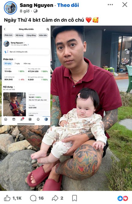 A Facebook post by Sang Nguyen featuring him holding a baby on his lap while displaying a screenshot of a fan page analytics dashboard showing 28 ngày and engagement statistics.