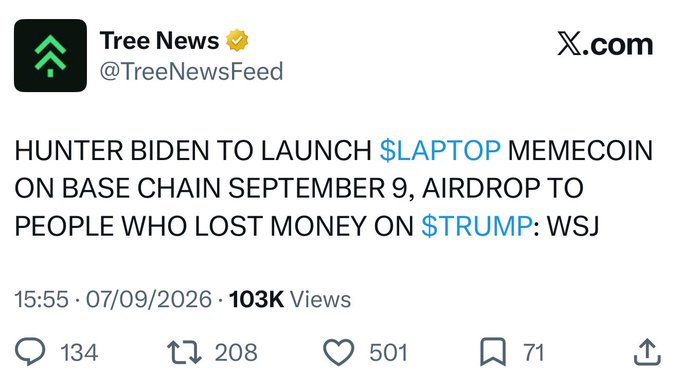 A tweet from Tree News (@TreeNewsFeed) reports that Hunter Biden plans to launch a $LAPTOP memecoin on the Base chain with an airdrop for those who lost money on $TRUMP, aligning with the post's speculation that this could ignite a new meme season on Base.