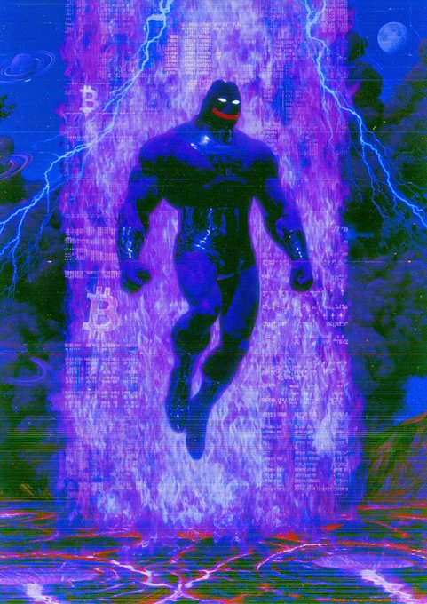 A glitchy, cyberpunk-style digital artwork of a dark superhero figure surrounded by purple flames, Bitcoin logos, and floating data streams against a cosmic background.