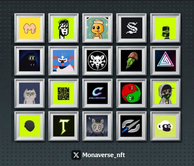 A grid of 20 framed NFT artworks with various characters and logos, displayed above the Twitter/X handle '@Monaverse_nft'.
