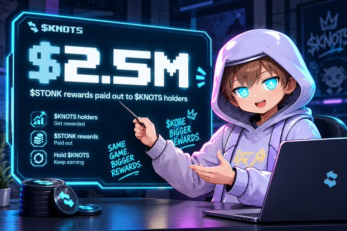 An anime-style promotional graphic for $KNOTS featuring a hooded character at a laptop, highlighting '$2.5M' paid out in $STONK rewards to $KNOTS holders with messages like 'SAME GAME, BIGGER REWARDS' and 'SCORE BIGGER REWARDS'.