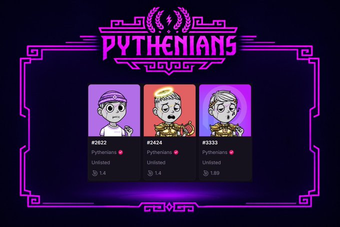 A purple-themed promotional graphic for 'PYTHENIANS' NFT collection, featuring three cartoon character cards (#2622, #2424, #3333) with prices of 1.4, 1.4, and 1.89 ETH.