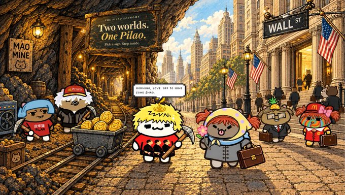 A whimsical illustrated scene shows cute, chibi-style cartoon characters mining gold coins in a tunnel on the left, with a sign reading "gPilao Economy — Two worlds. One Pilao. Pick a side. Step inside," alongside a "Mao Mine" plaque, while on the right side of the image the same characters appear as Wall Street businessmen with briefcases standing before a "Wall St." sign with American flags, with a central character in royal attire stating "Someone, take off to make some gaos," cleverly representing the Pilao project ("gPilao") bridging the worlds of cryptocurrency mining and financial trading, referencing the post's announcements about the renewed website (pilao.wtf), Discord sales, holder verification, NFT rig checks, and the team's recent sweep of 70 NFTs from sellers to relist at higher prices.
