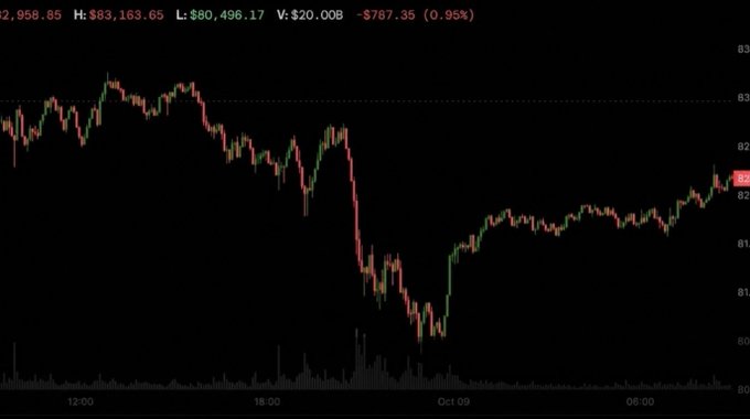 A financial stock chart showing a downward trend in price (around 82,958.85, down -787.35 or 0.95%) with OHLC data displayed at the top.