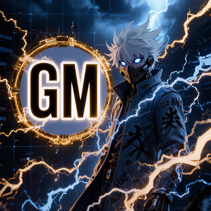 An anime-style character with white hair, glowing blue eyes, and a face mask stands against a dark, lightning-filled background with a glowing gold "GM" logo emblem on the left.