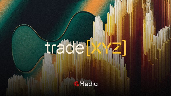 The image features a logo for "Trade XYZ", which consists of an illustration of buildings within a city setting, with the word "trade" written above them and below them. The background includes several skyscrapers that are yellow and red. The text in the image mentions a video game called "Hyper Liquid", implying that there could be a connection between the logo for Trade XYZ and the game's concept. Additionally, the post refers to the game as having a budget of 500,000 and being released by Hyper liquid HIP-3 on January 1st, 2015.