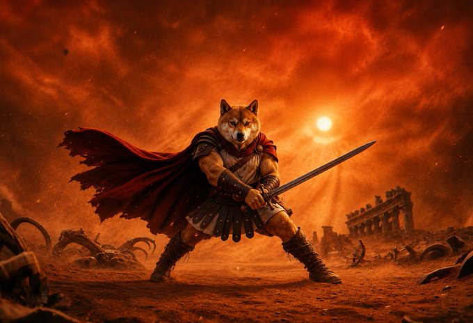 The image features a man dressed as a dog with a red cape, holding a sword and standing in front of ruins. The caption reads "It looks like the dev for DOGEUS MAXIMUS on Ethereum is on-boarding one of Elon Musk' s real family members! This is what I heard just now!".