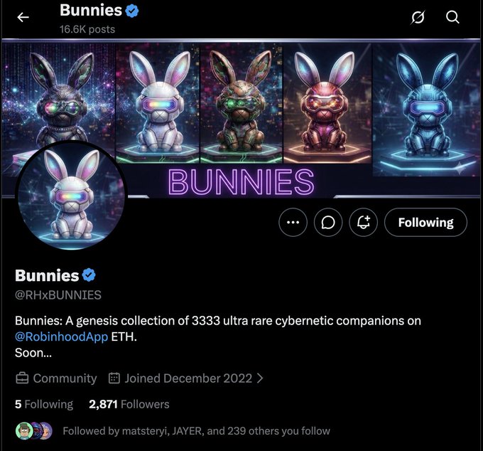A Twitter profile for "Bunnies" (@RHxBUNNIES), describing itself as "A genesis collection of 3333 ultra rare cybernetic companions on @RobinhoodApp ETH. Soon...", featuring digital art of robotic bunny NFTs.