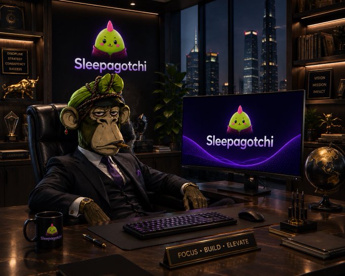 An AI-generated image of a Bored Ape NFT character in a suit sitting at a desk in front of a monitor displaying the 'Sleepagotchi' logo, with a 'FOCUS • BUILD • ELEVATE' nameplate.