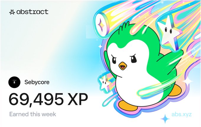 The image features a cartoon penguin with green feathers, holding a star in its beak while standing on one leg. The background of the image has a gradient color scheme that transitions from blue at the top to purple at the bottom. There is also text present in the image, which reads "Happy @AbstractChain XP day Steady improvement for me up from 42k 69K this week How did you guys do?".