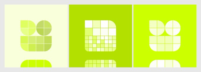 Three yellow and green graphic design tiles featuring pixelated shapes that resemble an animal figure.
