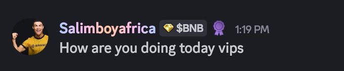 A chat message screenshot from a user named 'Salimboyafrica' with a $BNB crypto emoji badge, reading 'How are you doing today vips' at 1:19 PM, alongside a profile picture of a cheering soccer player in a yellow Brazil jersey.