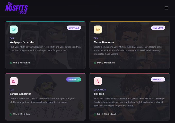 Screenshot of 'The Misfits Tools' website displaying four utility cards: Wallpaper Generator (Live v1.0.0), Meme Generator (Live v1.0.1), Banner Generator (Beta v0.1.0), and SolPulse (Live v1.0.0), each requiring a minimum number of Misfits NFTs to access.