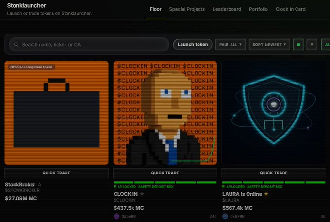 The image shows the Stonklauncher "Floor" page featuring three token cards: StonkBroker ($27.09M MC) with an orange briefcase labeled "Official ecosystem token," CLOCK IN ($437.5k MC) with a pixelated character against a "$CLOCKIN" text background, and LAURA Is Online ($567.4k MC) displaying a neon shield-and-planet design—both marked as "SAFETY DEPOSIT BOX" with LP locked. The post's call to action aligns with the image by promoting LAURA and CLOCK IN as available tokens to trade on the stonkbrokers.cash/launcher platform, with the "Get behind her" language specifically tied to the LAURA token prominently featured as the highest market cap option.