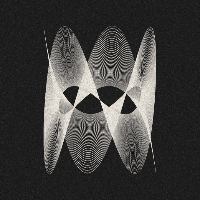 A black and white abstract geometric artwork composed of overlapping fine white lines forming oscillating curves and intersecting shapes.