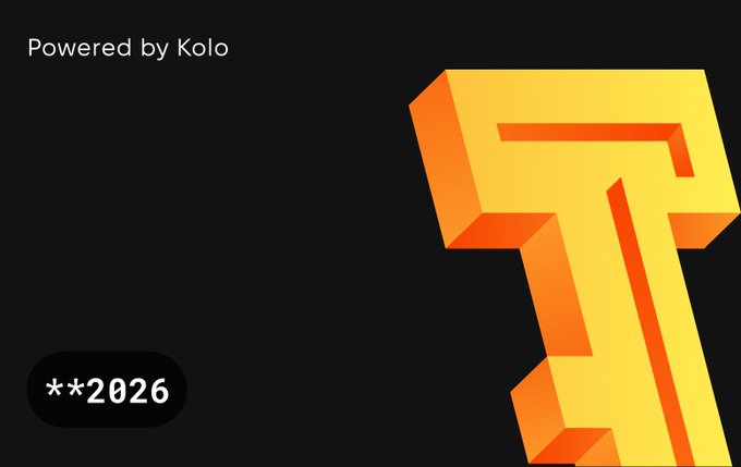 A dark graphic with a large 3D golden-orange letter 'T' on the right side, text 'Powered by Kolo' in the top left, and a pill-shaped tag reading '**2026' in the bottom left.