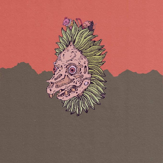A grotesque, goblin-like creature with a single large eye, fanged teeth, and wild green hair floats above a dark jagged horizon against a coral-red sky, with two tiny goblin figures perched atop its head. The eerie, monster-like illustration fits the post's "are you this old?" caption from @GoblinLabNFT by evoking a sense of ancient, weathered weirdness—suggesting only those familiar with or "old enough" to recognize such classic goblin imagery would appreciate the reference.
