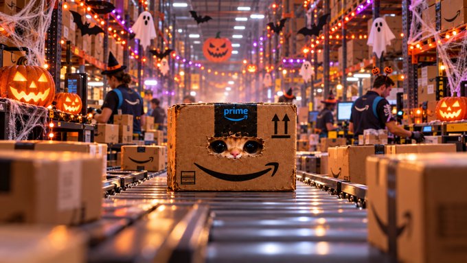 A Halloween-themed Amazon fulfillment center with jack-o'-lanterns, ghosts, and bats decorating the warehouse, featuring a cat peeking out of an Amazon Prime cardboard box on a conveyor belt.