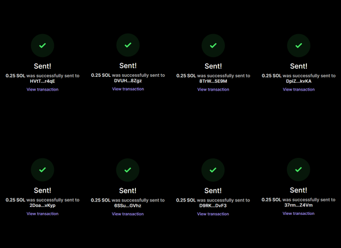 The image shows a confirmation screen displaying eight successful SOL transactions of 0.25 SOL each, sent to various wallet addresses ending in indicators like HViT...r4qE, bVUh...8Zgz, 8TrW...5E9M, and others, each marked with green checkmarks indicating completion. This relates to the giveaway announcement by showing the crypto prize distribution to the listed winners like @georgeeszn, @Ifwpromax, and others.