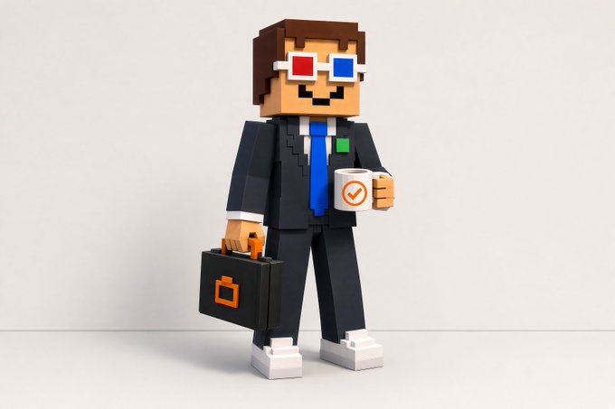 A 3D voxel-style character resembling a businessman in a suit and tie wears 3D glasses, holding a coffee mug with an orange logo and a black briefcase.