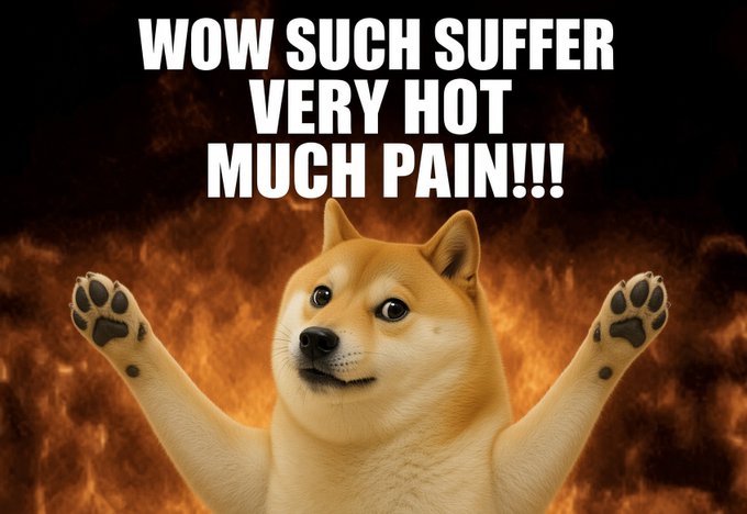The popular 'Doge' Shiba Inu meme is shown with raised paws against a fiery background, accompanied by the text "WOW SUCH SUFFER VERY HOT MUCH PAIN!!!"