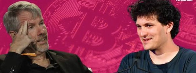 Two men appear in front of a Bitcoin-themed pink background, with one rubbing his temple and the other looking forward.