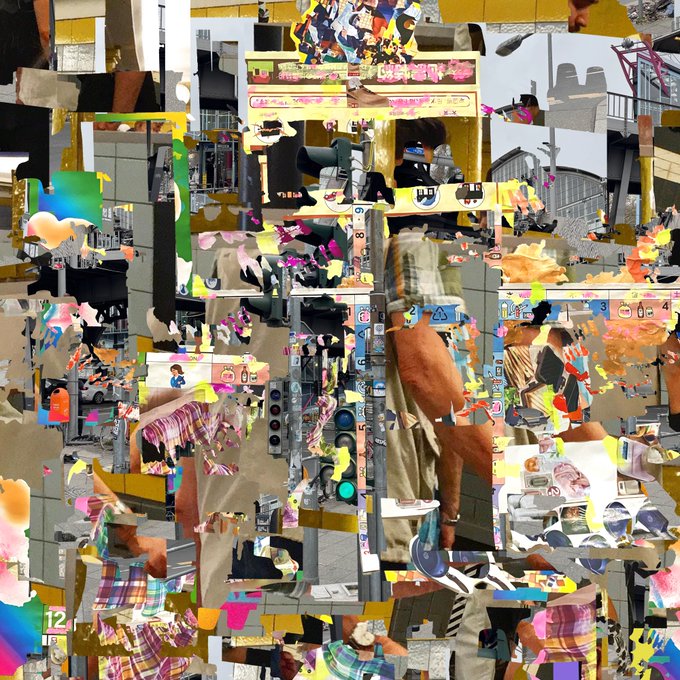 An abstract, collage-style image featuring various disjointed fragments including cityscapes, people, animals, and colorful patterns.