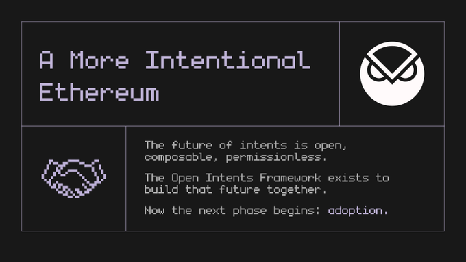 The image features a poster with a white owl logo, accompanied by text that reads "A more intentional etherium" and "The future of intents is open." The poster also includes an Open Intents Framework logo and a list of requirements for the framework's success.