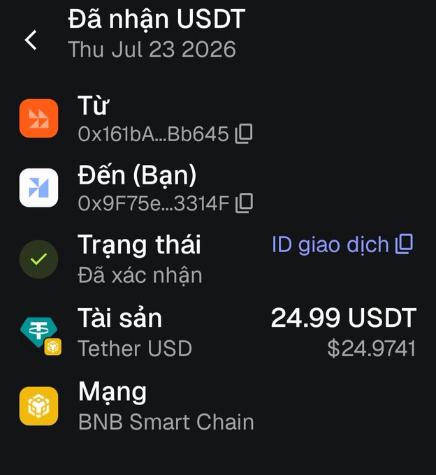 A Vietnamese-language crypto transaction confirmation screen showing a receipt of 24.99 USDT (Tether USD) received on the BNB Smart Chain, dated Thu Jul 23 2026.