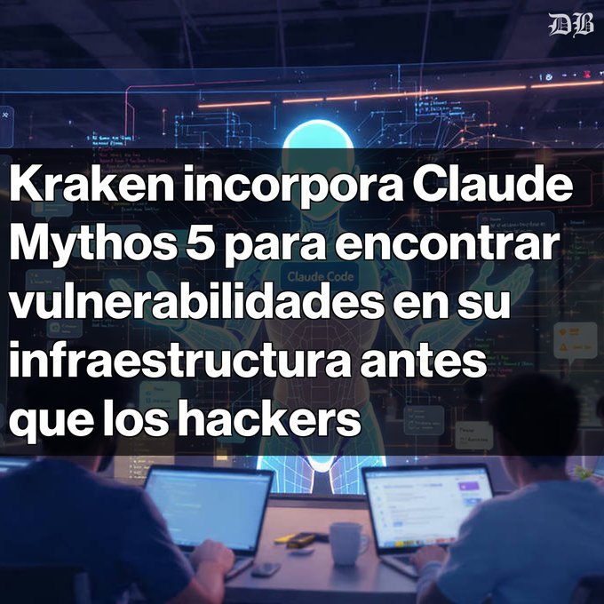 A tech-themed background of a person working at a computer with a digital humanoid figure, overlaid with Spanish text reading 'Kraken incorpora Claude Mythos 5 para encontrar vulnerabilidades en su infraestructura antes que los hackers' and a 'B' logo in the corner.