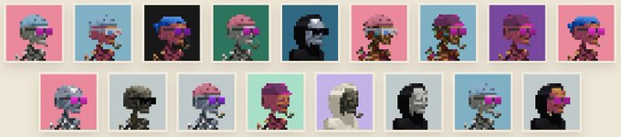 A grid of 16 pixel-art portraits featuring various character designs with stylized hair and facial features on colorful backgrounds.