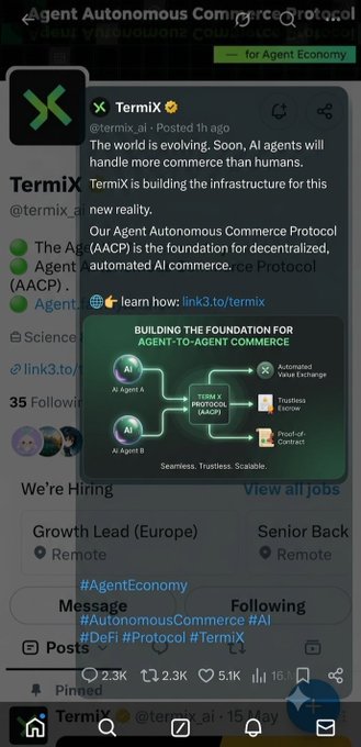 A screenshot of a Twitter/X post from TermiX (@termix_ai) about their Agent Autonomous Commerce Protocol (AACP), showing diagrams about building infrastructure for agent-to-agent commerce.