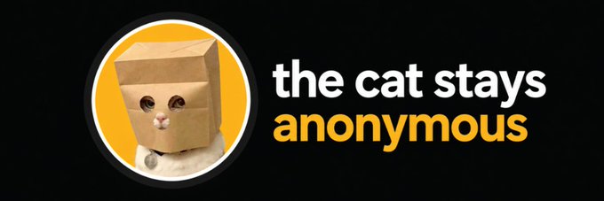 A circular banner for Solana token $ZCAT features a white cat with a brown paper bag over its head, displayed against a yellow background with the text "the cat stays anonymous" in white and yellow lettering on a black backdrop.