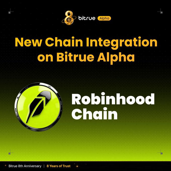 The image is a Bitrue Alpha announcement graphic titled "New Chain Integration on Bitrue Alpha" featuring the Robinhood Chain logo, promoting support for Robinhood Chain deposits, withdrawals, and early spot listings of assets like $CASHCAT, $PIPEDOG, $PONS, and $USDG. It also notes "Bitrue 8th Anniversary | 8 Years of Trust" at the bottom.