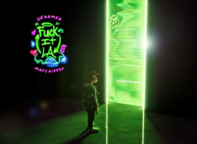 A person in a dark cap and outfit standing in a dark room looking up at a large illuminated green digital display, accompanied by a neon graffiti-style 'Dfarmer Fuck It LA Mayc #18926' design on the wall.