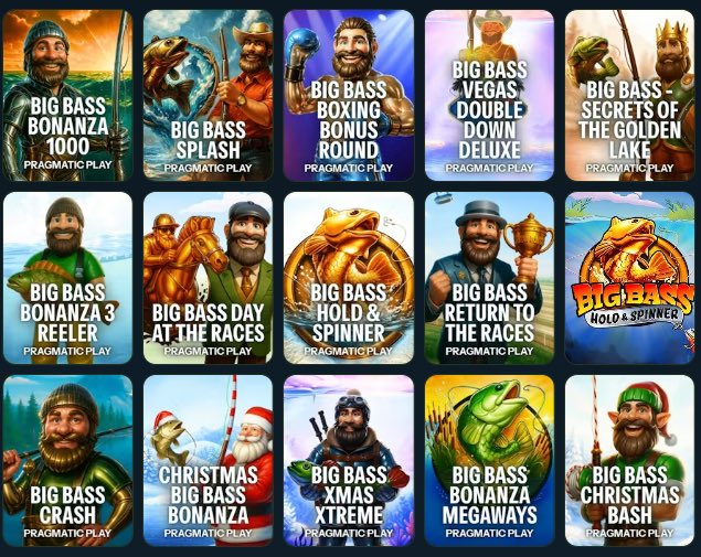 The image features a collection of twelve different Big Bass Casino games, each with their own unique spin on the popular game. The games are displayed in various positions within the frame, showcasing the diversity of options available at the casino. The caption for this image reads "I'M thinking of one big bass on @bcgame First to guess it gets a free tip (1 try only) GL". This suggests that there is an ongoing discussion or challenge related to the games in the image, with the main focus being on the Big Bass game and its spin.