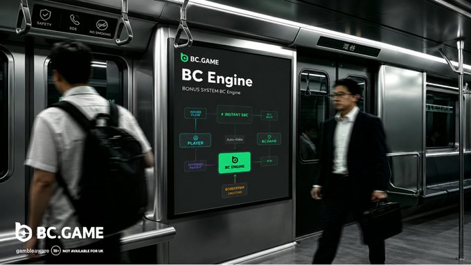 The image shows a man walking down a subway platform with a large screen displaying information about BC Game's engine. The screen displays a map of the engine, along with text that reads "BC Game" and "BC Engine". There are also several other people in the scene, some carrying backpacks or handbags as they walk through the station.